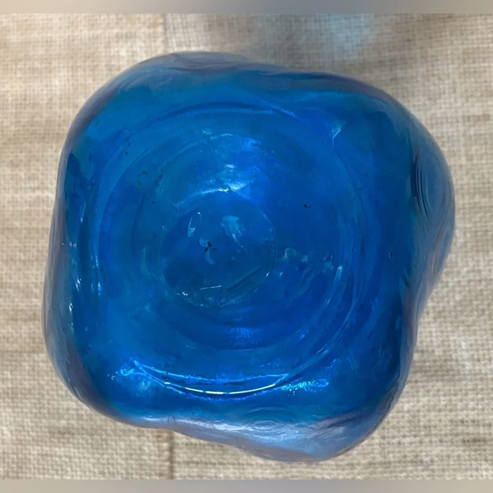 Bright Blue Hand Blown Glass Thumbprint Vase Ruffle Rim Ocean Coastal Fairy Core